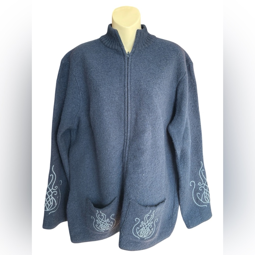 Rico Rossi boiled wool Royal Blue Zip-Up Sweater with Embroidered Details